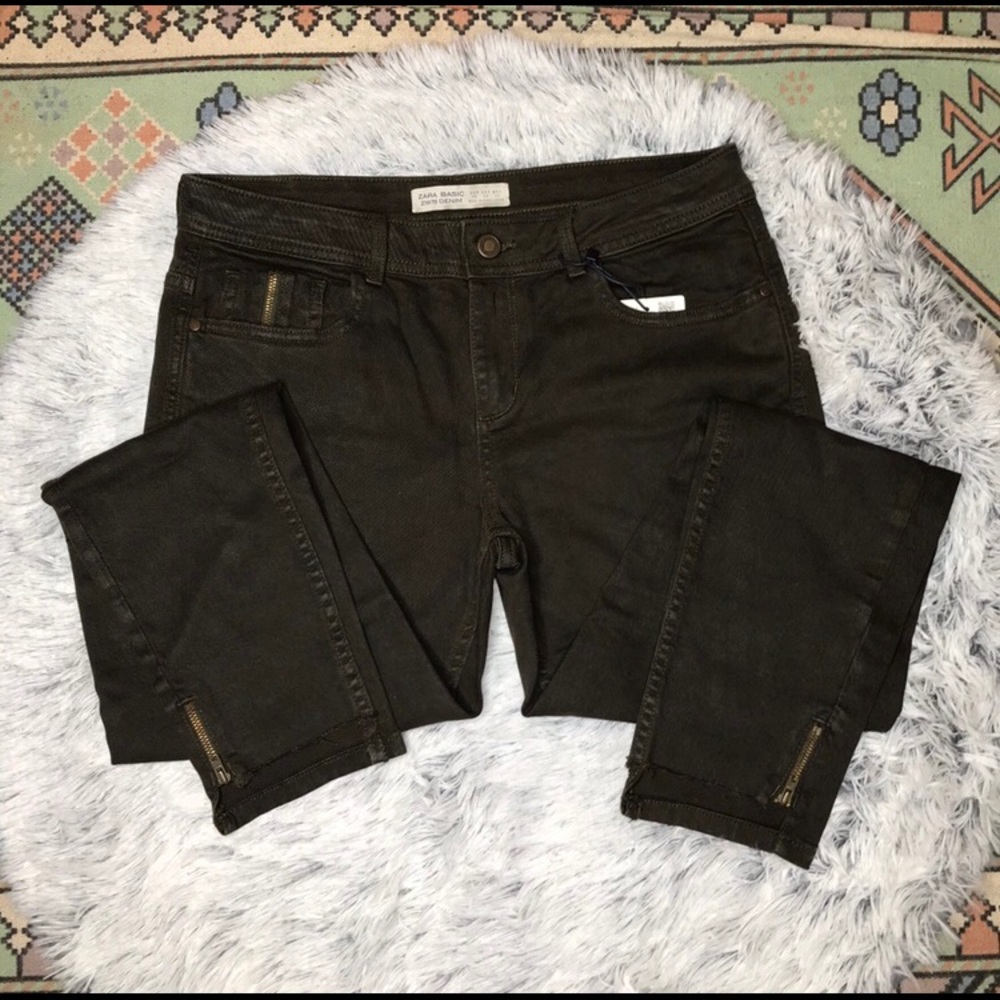Zara Basic Skinny Zip Sides Dark Green Sz 8 NWT